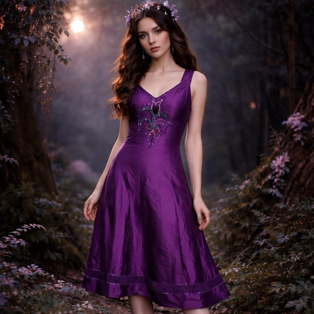 NWT Dupioni Silk Purple Dress Sz S Beaded  Whimsygoth Victorian‎ Glam Edwardian